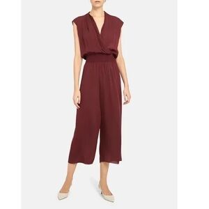Theory Burgundy Sleeveless Jumpsuit 100% silk draped V-neck and wide-leg pant